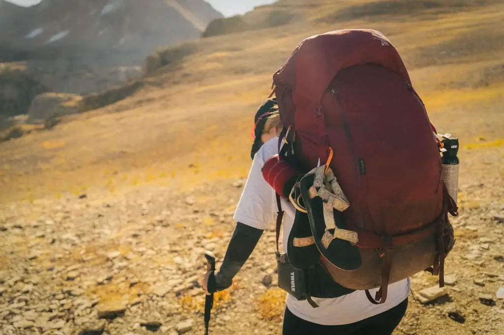 Backpacker carrying a large hiking backpack while trekking through a rugged mountain trail with scenic peaks in the background