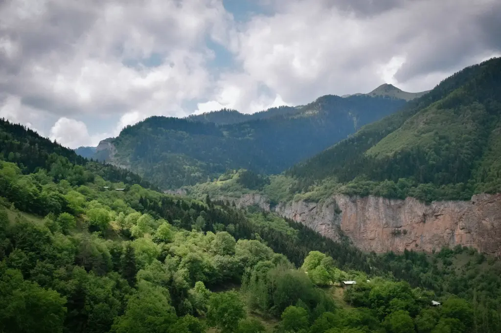 Lush green mountain valley surrounded by dense forests, rugged cliffs, rolling hills, and a scenic peak beneath a cloudy sky.