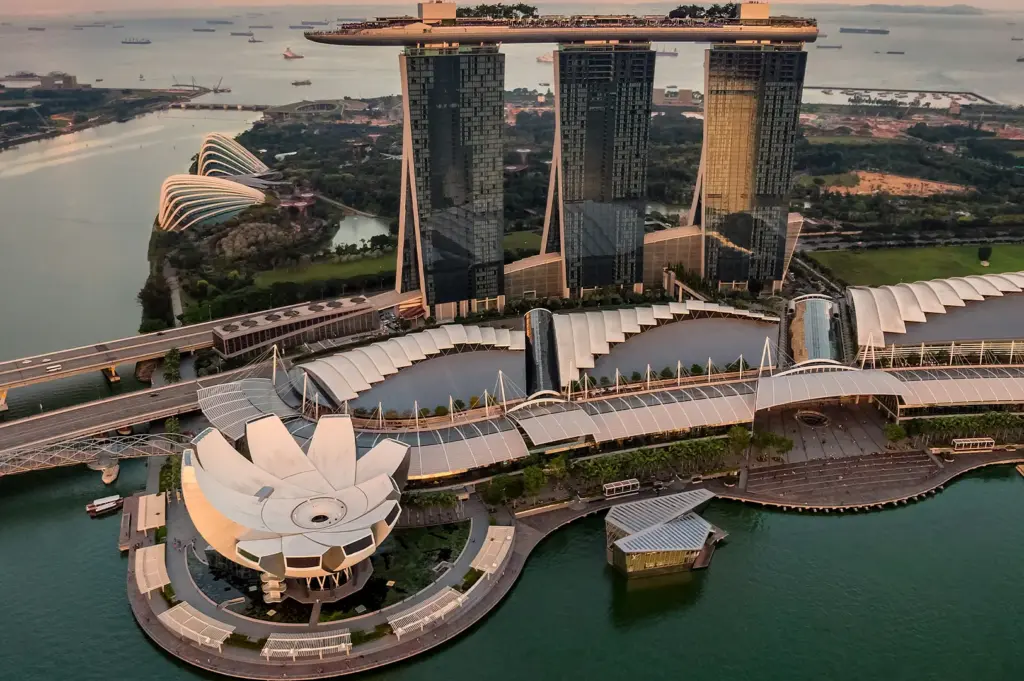 Aerial view of Singapore featuring Marina Bay Sands, Gardens by the Bay, waterfront attractions, and surrounding cityscape at sunset.