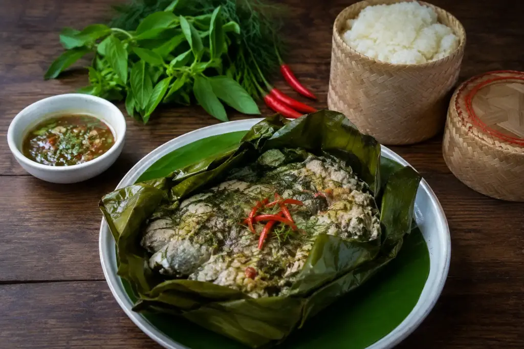 Mok pa Laos steamed fish wrapped in banana leaves with sticky rice, herbs, and chili dipping sauce