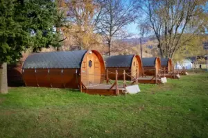 Wooden eco lodge cabins with curved roofs surrounded by trees and mountain scenery