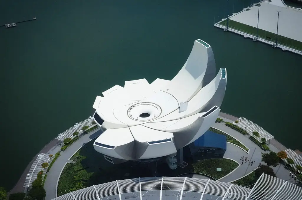 Aerial view of the ArtScience Museum in Singapore beside Marina Bay, featuring its distinctive lotus-inspired white architecture surrounded by water.