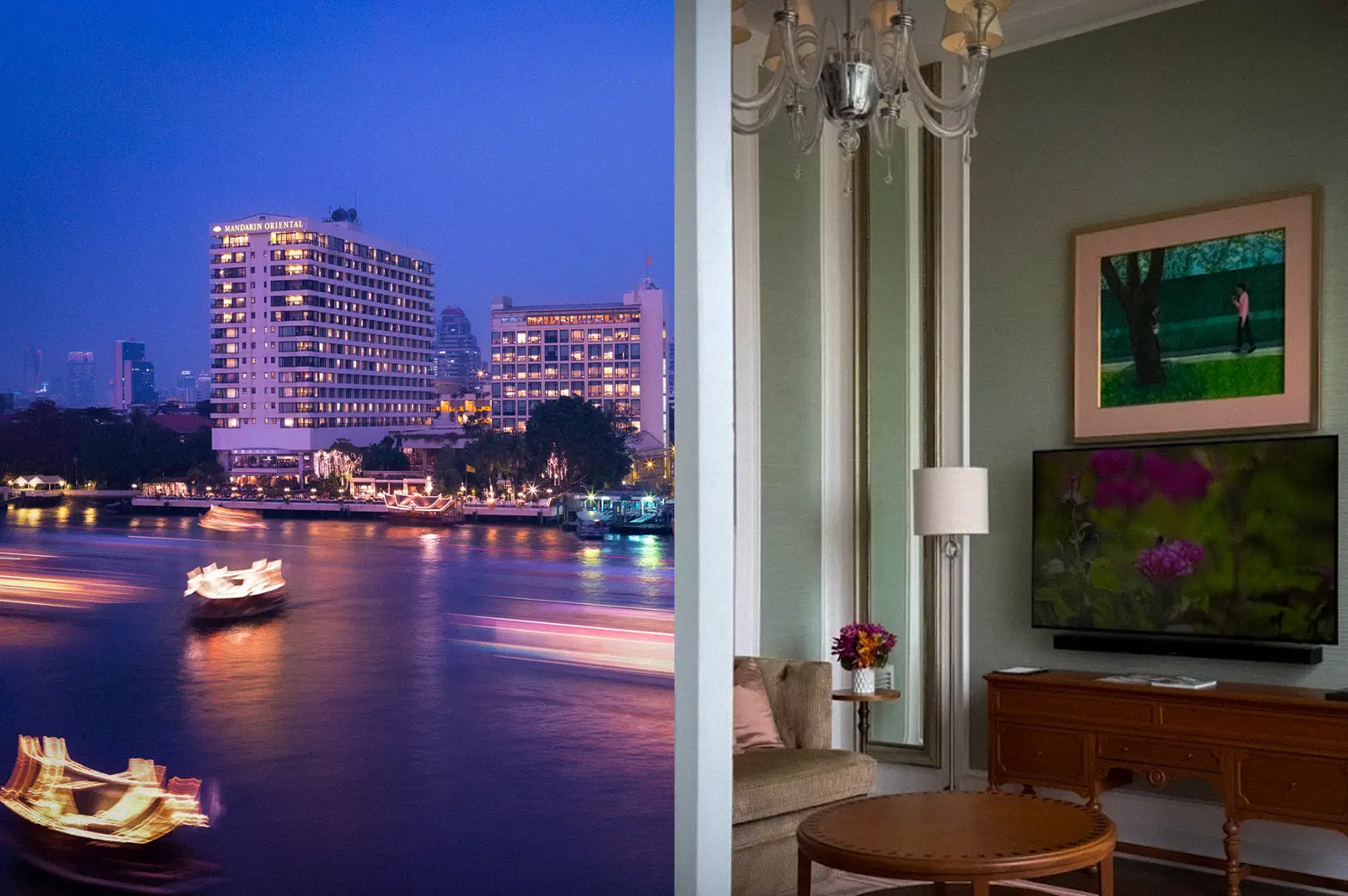Collage showing an exterior night view of the Mandarin Oriental Bangkok along the Chao Phraya River alongside an elegant luxury suite living room.