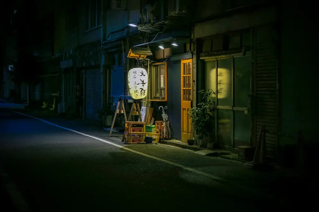 Quiet narrow street in Japan at night illuminated by a glowing white lantern outside a traditional storefront with a warm wooden door.