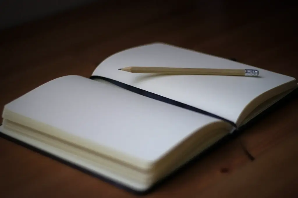 An open blank notebook with empty white pages and a pencil resting across the crease on a wooden table.