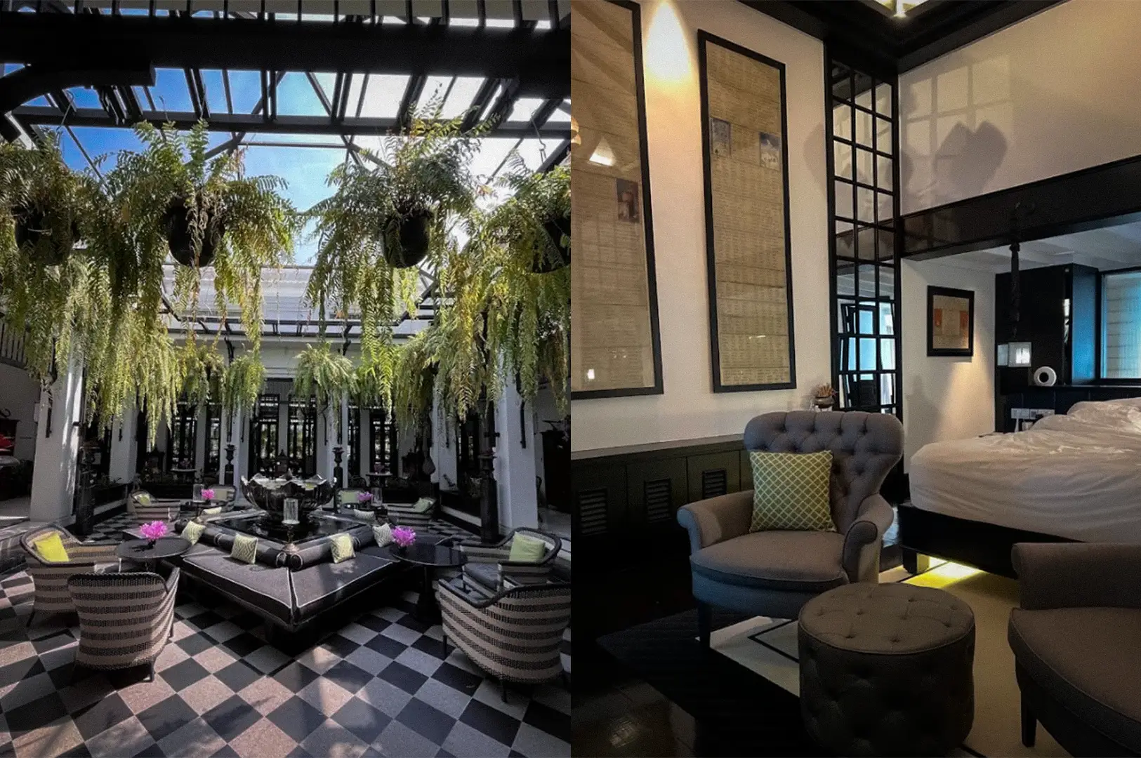 Collage featuring the glass-roofed atrium courtyard with lush hanging ferns alongside an elegant guest suite interior at The Siam Hotel Bangkok.