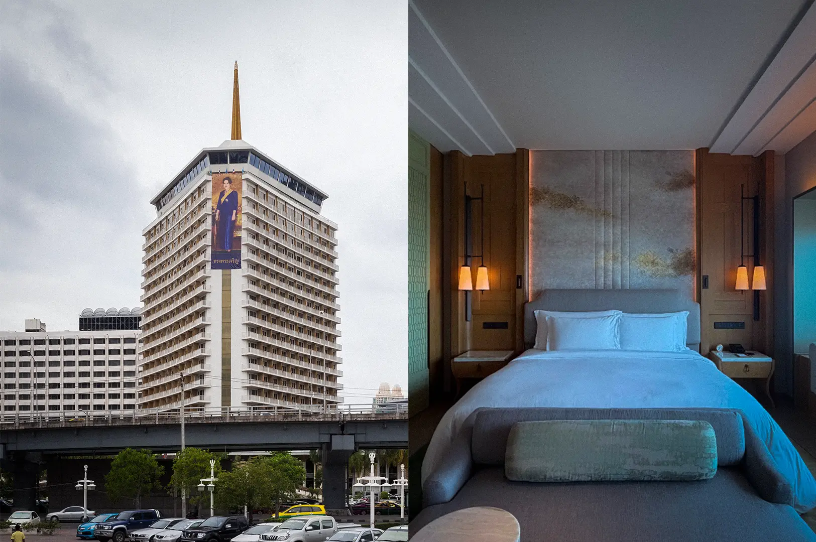Collage featuring the iconic exterior building of Dusit Thani Bangkok alongside an elegant modern hotel bedroom with warm ambient lighting.