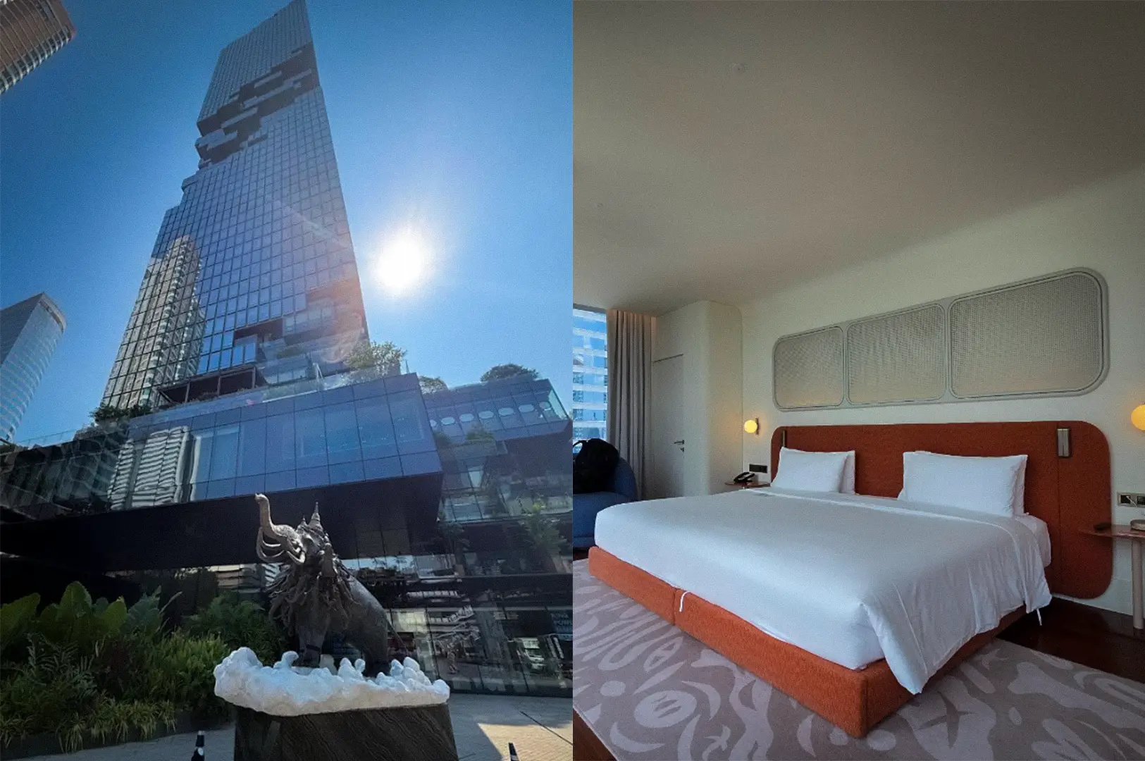 Collage featuring a modern retro-style king bedroom at The Standard Bangkok paired with the iconic exterior view of the King Power Mahanakhon skyscraper.