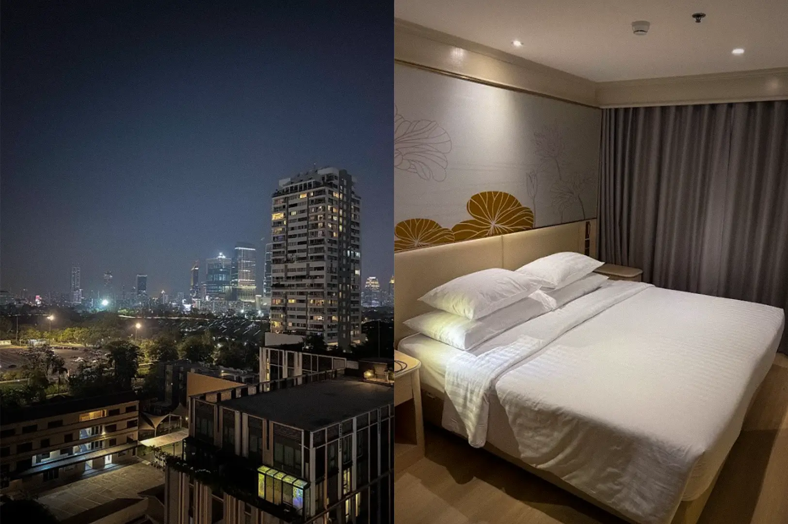 Collage featuring a modern bedroom suite with a king bed at Centre Point Hotel Sukhumvit alongside a panoramic night view of the Bangkok city skyline.