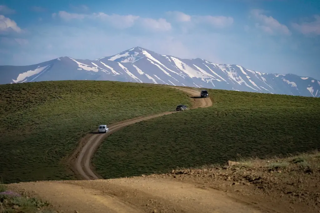 Cars driving along a winding dirt road through grassy rolling hills with snow-capped mountains in the background under a blue sky