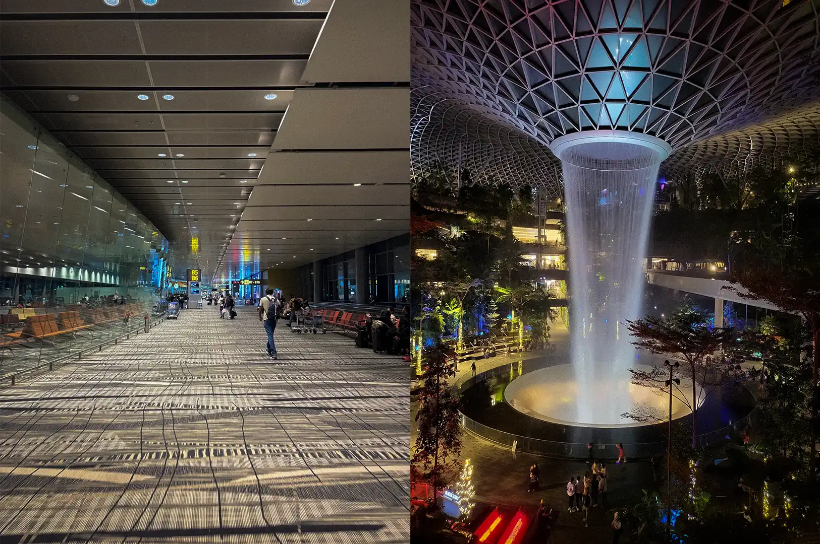 A close-up view of the HSBC Rain Vortex waterfall at Jewel Changi Airport in Singapore, cascading from the massive glass dome roof into the indoor forest below.