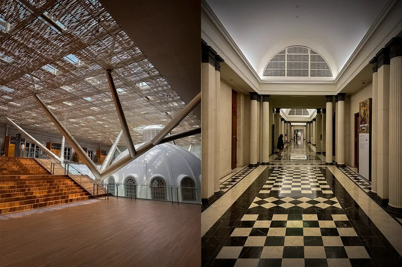A two-image collage of the National Gallery Singapore, featuring a modern glass atrium with a striking wooden louvered roof, sweeping staircases, and structural support beams next to a classical dome structure, alongside a grand historic hallway lined with tall columns and a polished black-and-white checkered marble floor.