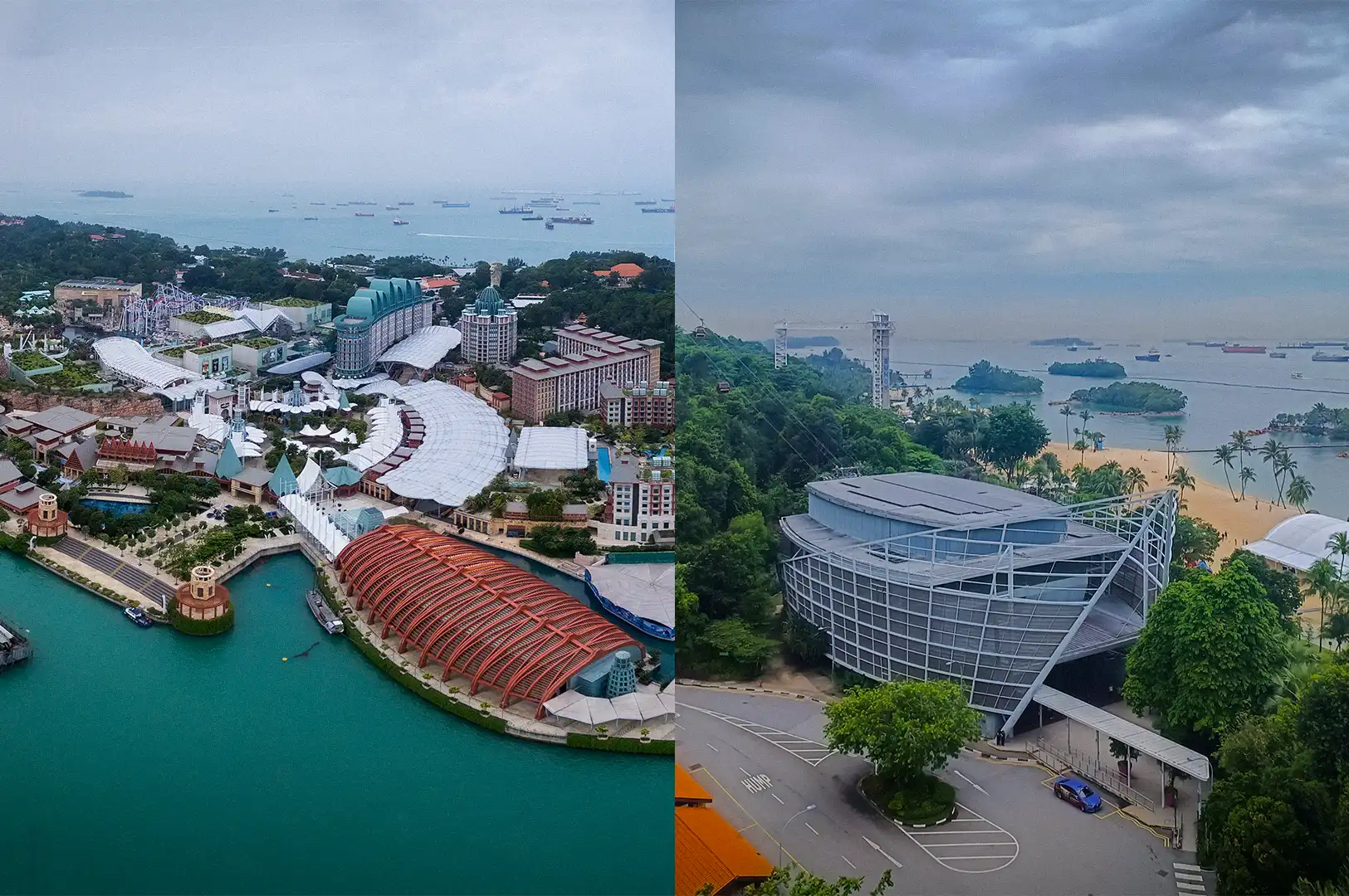 A two-image collage of Sentosa Island in Singapore, featuring a wide aerial overview of the resort island, hotels, and surrounding waters, alongside a scenic view of coastal greenery, cable cars, and sandy beaches.